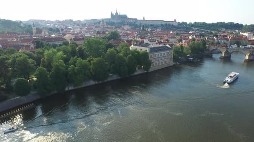 Aerial view of trees and buildings along the riverside