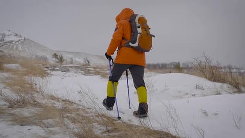 Hiker Ascends Snowy Mountain with Trekking Poles