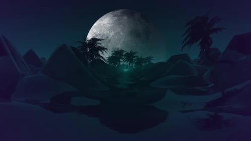 Surreal Moonlit Night Landscape with Palm Trees Animation