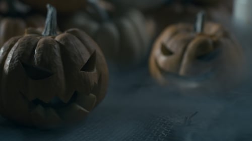 Carved Pumpkins in Fog, Spooky Halloween Theme