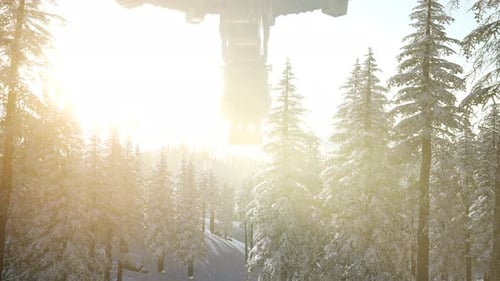 UFO Hovering Over a Forest at Sunset