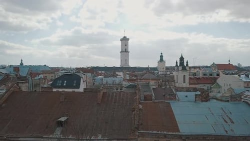 Aerial City Lviv, Ukraine. European City. Popular Areas of the City. Rooftops