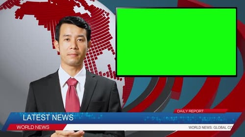 Live News Studio With Asian Male Anchor Reporting On A Story, Uses Green Chroma Key Screen