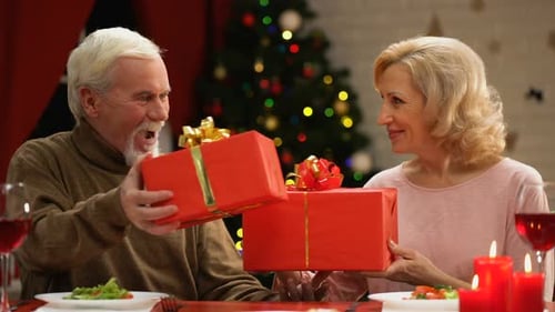 Feliz pareja de ancianos intercambiando regalos, Matrimonio duradero, Nochebuena