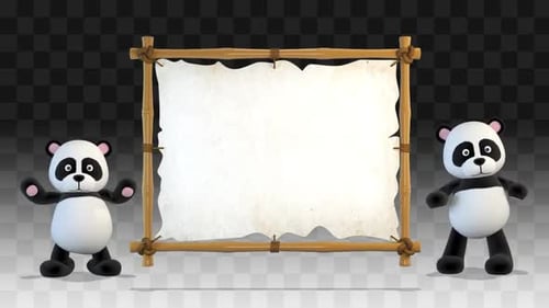 Waving Cartoon Pandas with Bamboo Frame Message Board