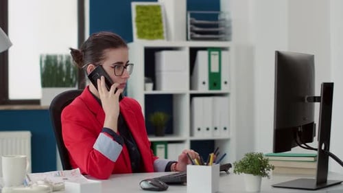 Woman at Desk Talking on Phone Using Computer