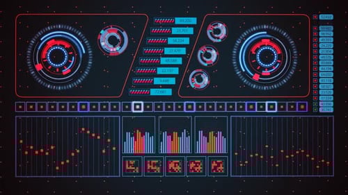 Advanced futuristic graphic interface. Displays abstract diagrams and charts.