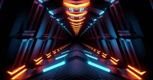 4K seamless loop flying into spaceship tunnel, sci-fi spaceship corridor.