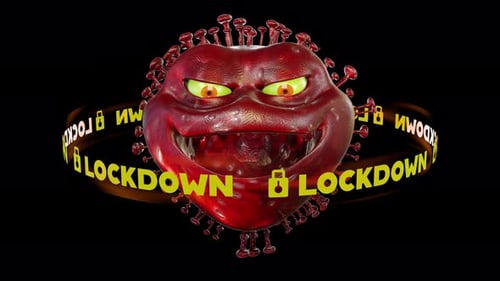 Animated 3D Virus Character with Kinetic Lockdown Warning Text