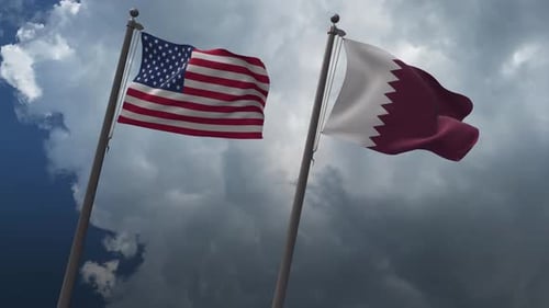 United States and Qatar Flags Waving in Cloudy Sky