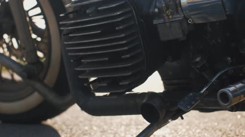 Details of Custom Motorcycle at Sunset on the Street