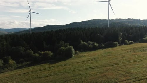 Drohnenaufnahme aus der Luft von Windkraftanlagen im Wald in der Nähe des Meeres bei Sonnenuntergang. Eingeschossen (UHD).