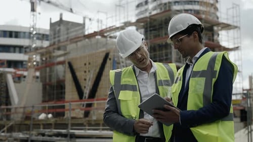 Two Builders in Helmets Using Tablet at Building Site