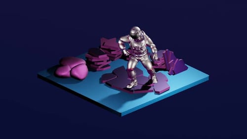Futuristic Astronaut Standing on Abstract Geometric Platform