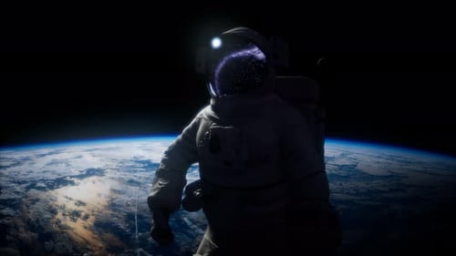 Futuristic Astronaut Floating in Space Over Earth