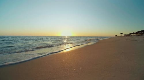 Sunset on the beach, shining golden waves