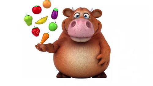 3D Cartoon Cow Dancing with Floating Fruits and Vegetables