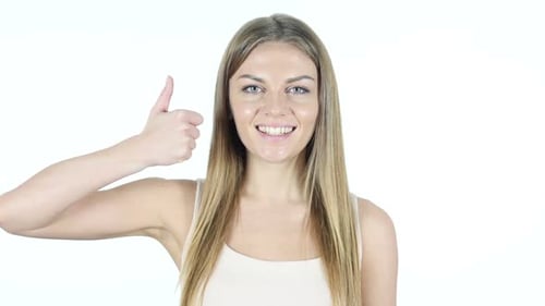 Smiling Woman Giving Thumbs Up on White Background