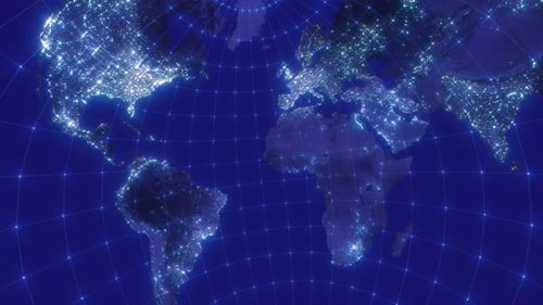 Animated Global Network Earth with City Lights and Data Grid