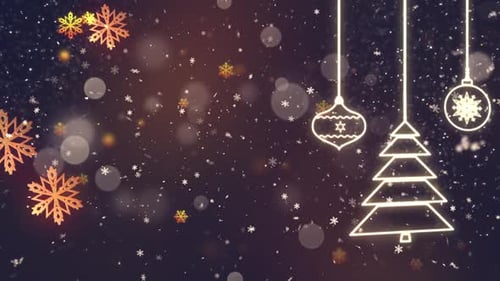 Glowing Christmas Tree and Ornaments with Falling Snow Background