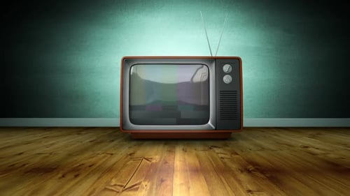 Zoom in retro TV screen blur noise, against green wall