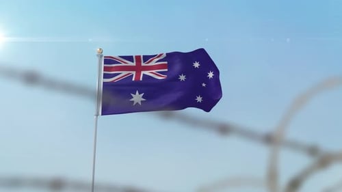 Waving Australian Flag with Barbed Wire Foreground Animation