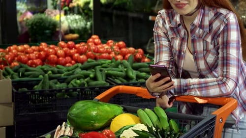 Woman With Shopping Cart Using Smartphone in Grocery Store