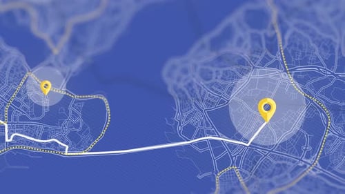 Pins jaunes sur fond de navigation de la carte bleue