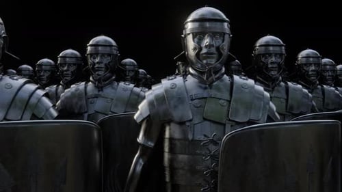Imperial Roman Soldiers in Formation against Black Background