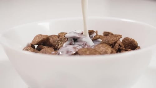Milk Poured Over Crispy Chocolatey Cornflakes in Bowl