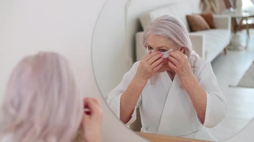 Senior Woman Applies Beauty Patches in Bathroom