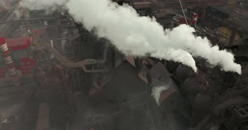 Air Pollution. Clouds of Smoke Coming From the Chimneys of the Plant. Drone Flying Over Smoking