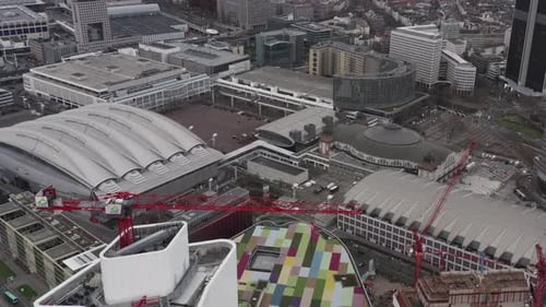 Aerial Footage of Colourful Roof on Modern Building Near Messe Halls