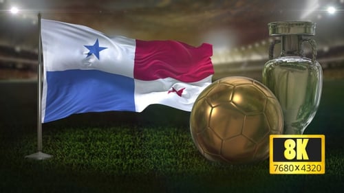 Panama Flag Waving with Soccer Ball and Championship Trophy