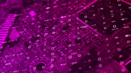 Animation des Endless Mainboards mit bewegten Lichtsignalen und funktionierenden Prozessoren. Loop-Bewegung