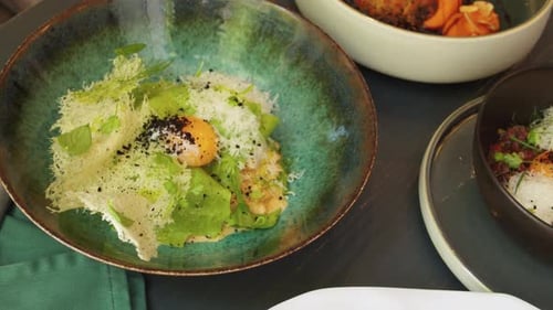 Set Table with Gourmet High Kitchen Dinner Plates and Dishes at the Restaurant