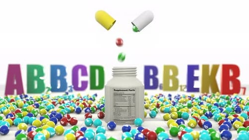 Colorful 3D Vitamin Capsules Filling a Multi-Vitamin Bottle