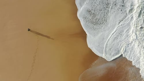 Aerial Footage of Paradise Beachfront Area with a Tourist Strolling Around