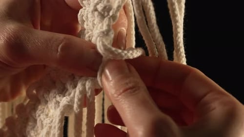 Weaving Macrame Pattern From Natural White Cotton Threads