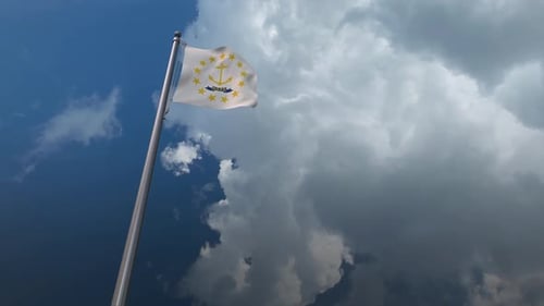 Rhode Island State Flag Waving with Moving Clouds