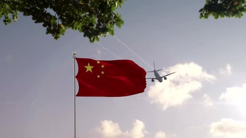 China Flag Waving with Airplane Flying Over Cityscape