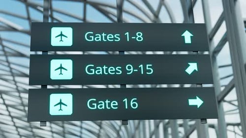 Guide sign showing way to different gates at the airport. Terminal. Blue. 4k HD