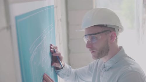 Young engineer-architect in a bright room in a helmet and glasses works with blueprints