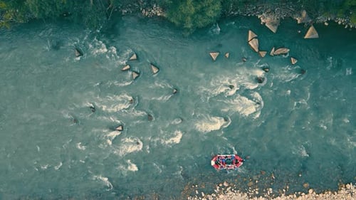 Aerial View on Top Rafting Rafting on a Mountain River