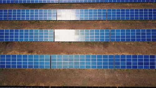 Aerial View of Field with Solar Energy Panels for Renewable Electricity Production