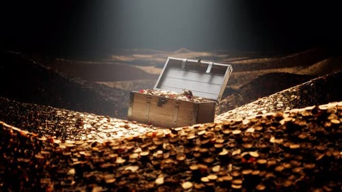 Glowing Treasure Chest Surrounded by Shiny Gold Coins