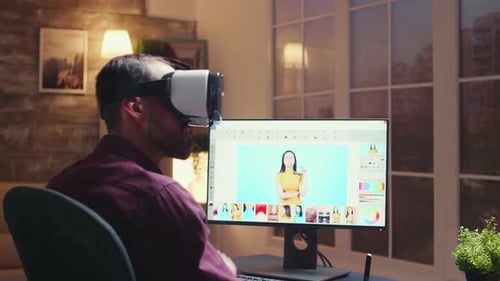 Man Using VR Headset to Edit Photo