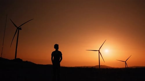 Ingeniero silueta de pie en el campo con molinos