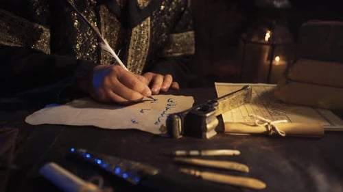 Writing with Quill and Ink by Candlelight