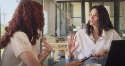 Women Talking at Desk in Sunny Office